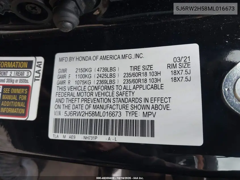 2021 HONDA CR-V VIN 5J6RW2H58ML016673 — фото 9