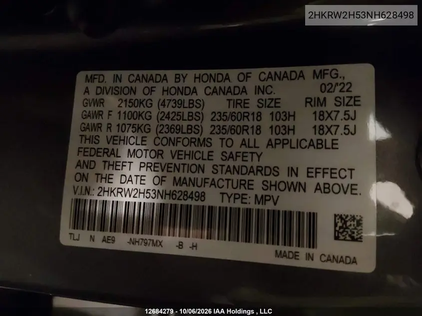 2022 HONDA CR-V VIN 2HKRW2H53NH628498 — фото 9