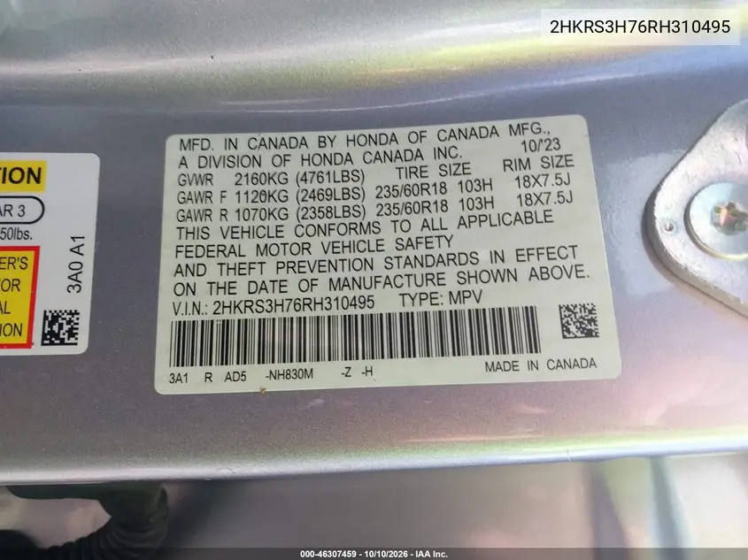 2024 HONDA CR-V VIN 2HKRS3H76RH310495 — фото 9