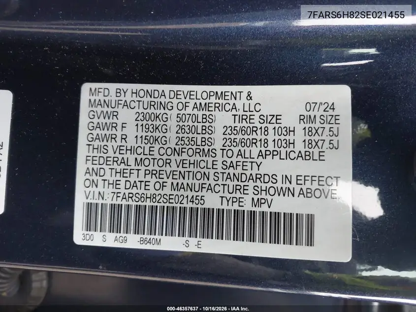 2025 HONDA CR-V VIN 7FARS6H82SE021455 — фото 9
