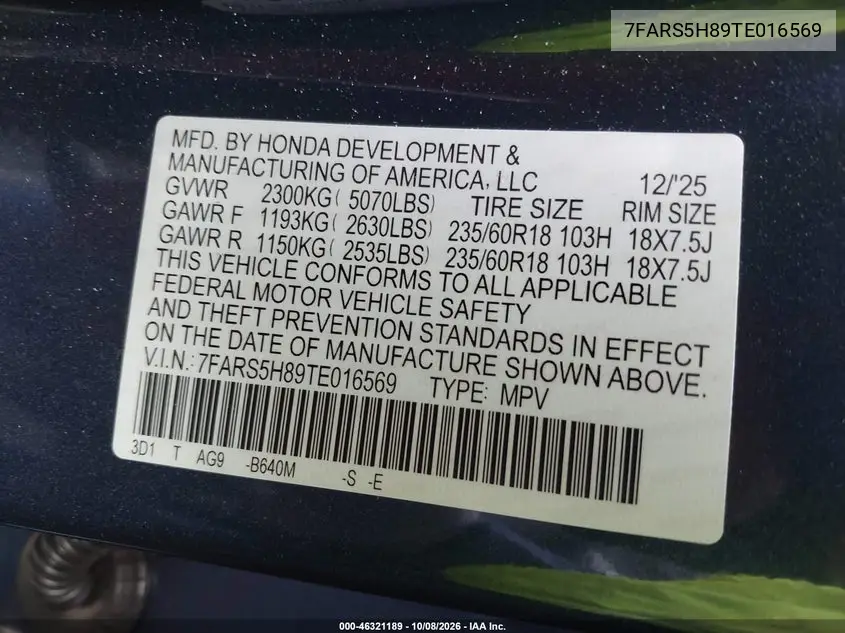 2026 HONDA CR-V VIN 7FARS5H89TE016569 — фото 9