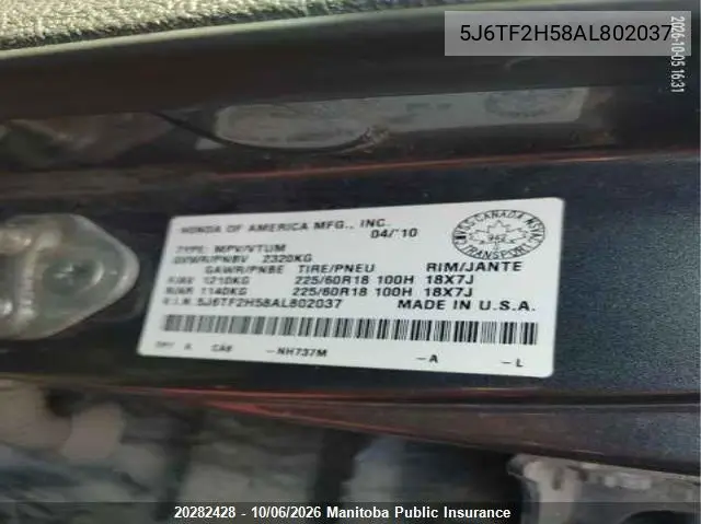 2010 HONDA CROSSTOUR VIN 5J6TF2H58AL802037 — фото 9