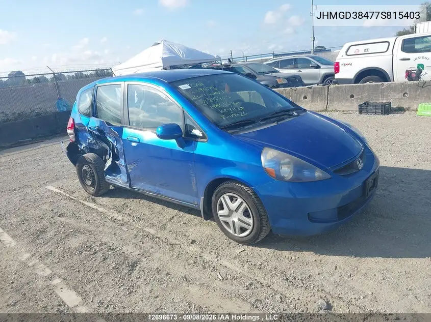 HONDA FIT 2007, VIN JHMGD38477S815403