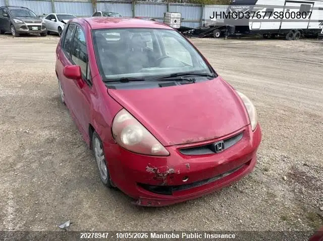 HONDA FIT 2007, VIN JHMGD37677S800807