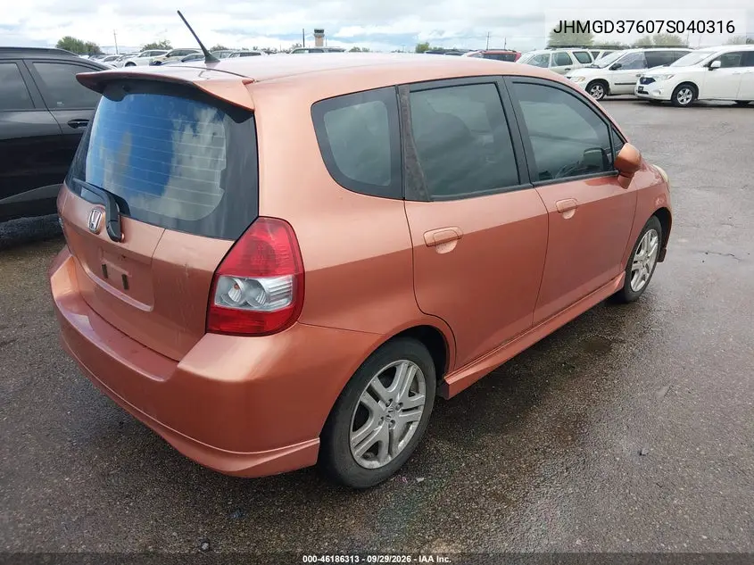 HONDA FIT 2007, VIN JHMGD37607S040316