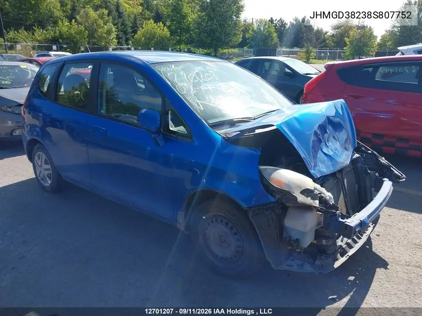 HONDA FIT 2008, VIN JHMGD38238S807752