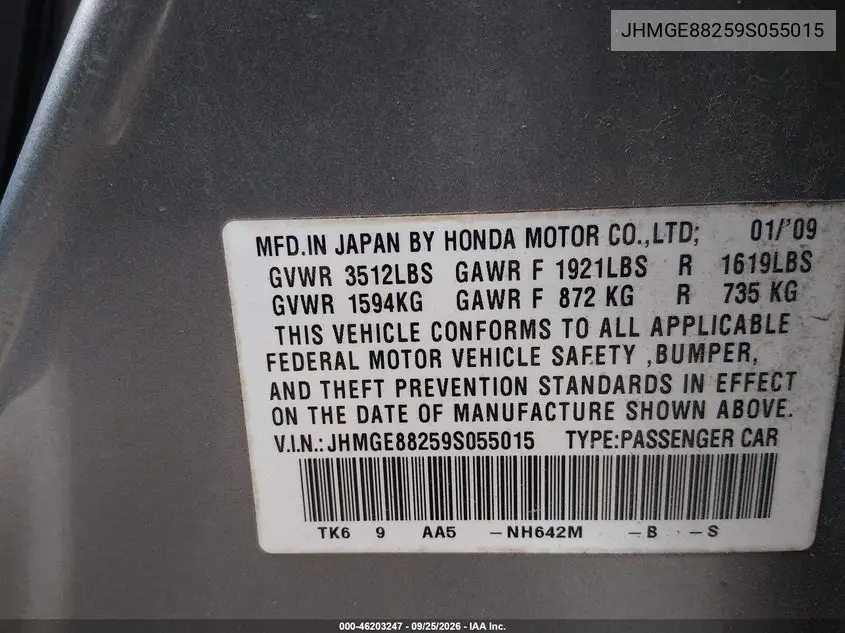 2009 HONDA FIT VIN JHMGE88259S055015 — фото 9