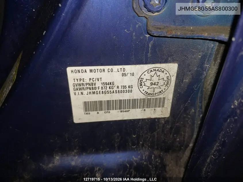 2010 HONDA FIT VIN JHMGE8G55AS800300 — фото 9
