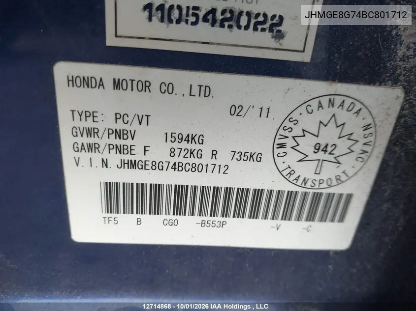2011 HONDA FIT VIN JHMGE8G74BC801712 — фото 9