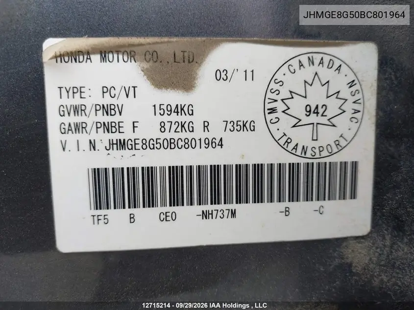 2011 HONDA FIT VIN JHMGE8G50BC801964 — фото 19