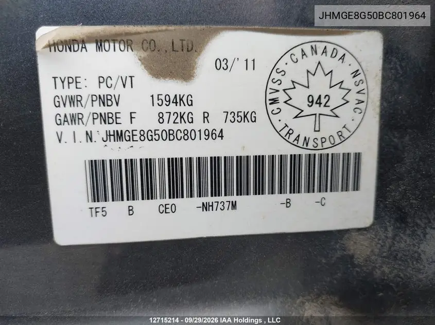 2011 HONDA FIT VIN JHMGE8G50BC801964 — фото 9