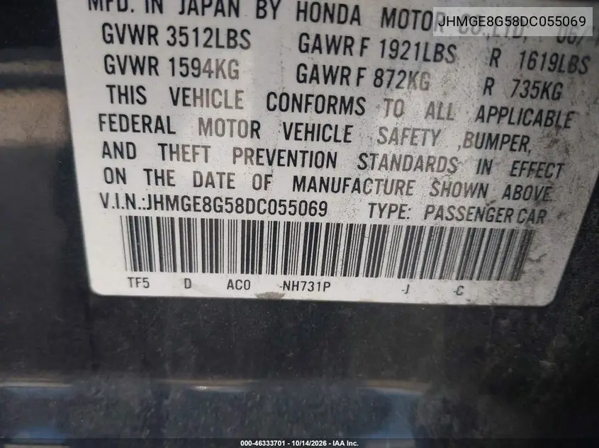 2013 HONDA FIT VIN JHMGE8G58DC055069 — фото 9