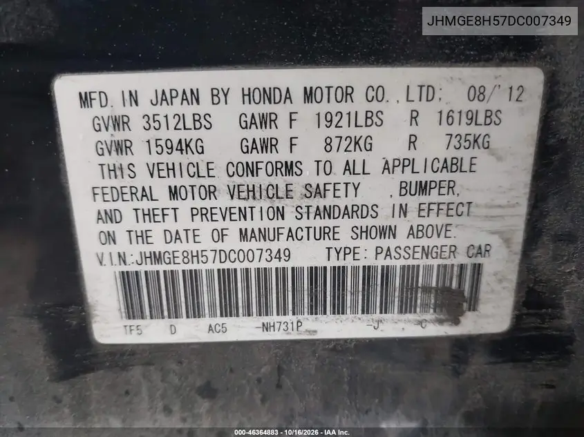 2013 HONDA FIT VIN JHMGE8H57DC007349 — фото 9
