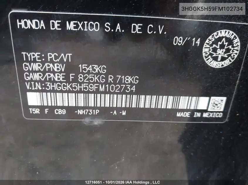 2015 HONDA FIT VIN 3HGGK5H59FM102734 — фото 9