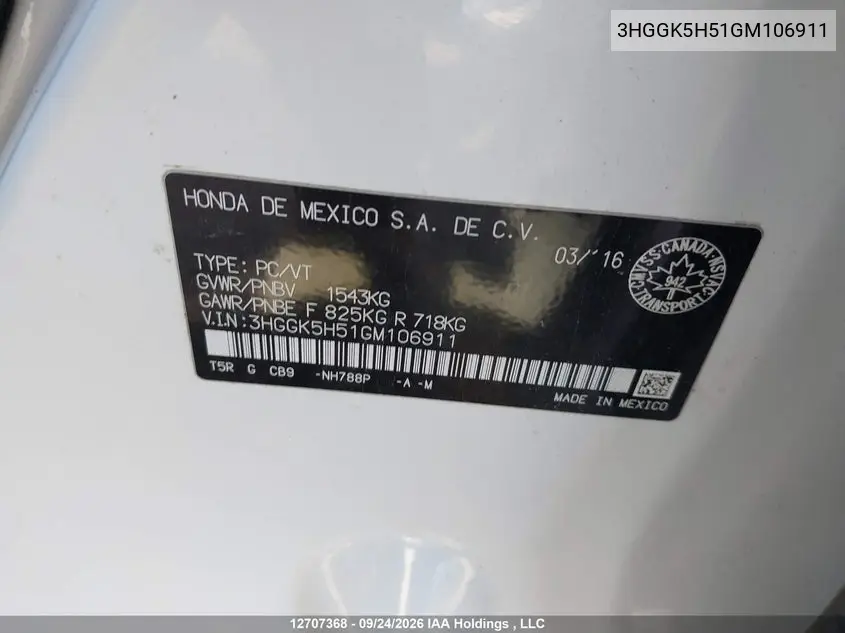 2016 HONDA FIT VIN 3HGGK5H51GM106911 — фото 9