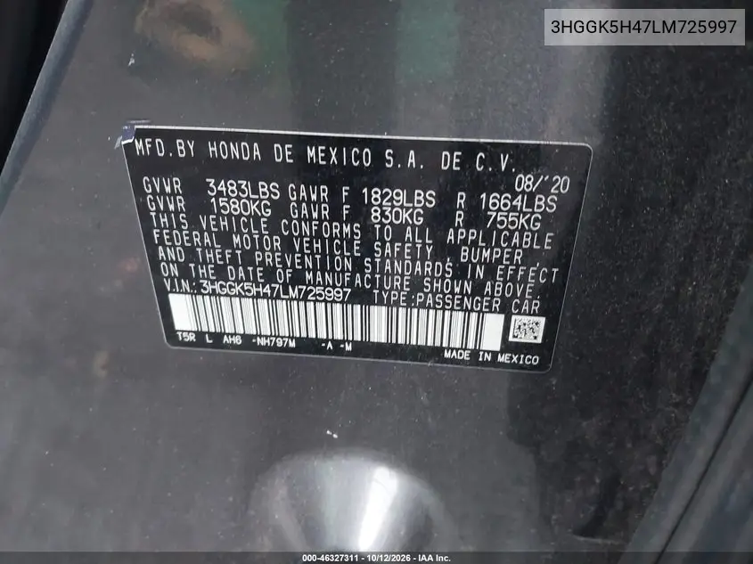 2020 HONDA FIT VIN 3HGGK5H47LM725997 — фото 9