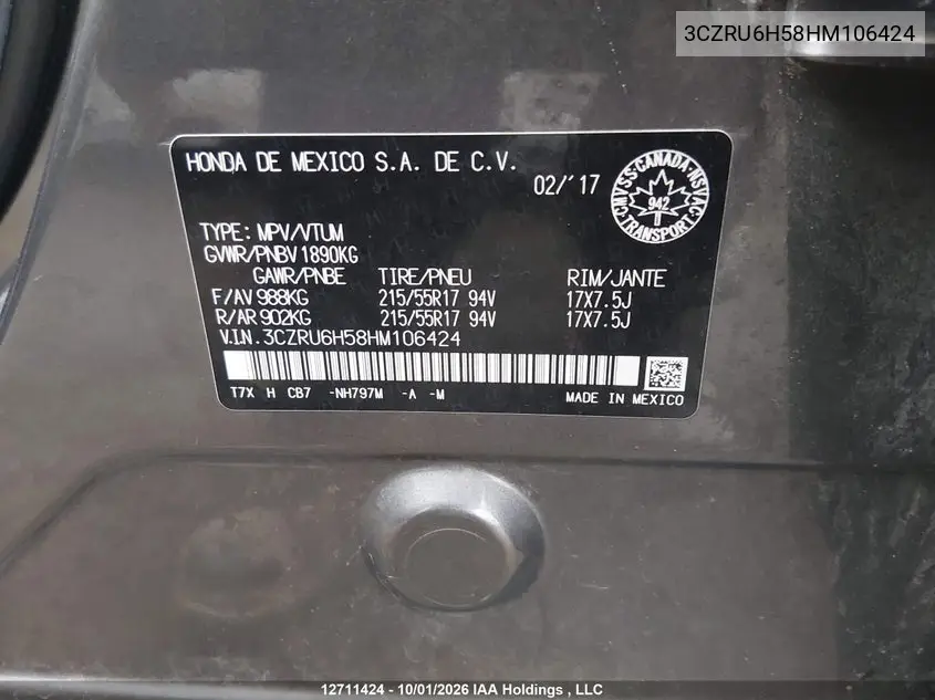 2017 HONDA HR-V VIN 3CZRU6H58HM106424 — фото 9