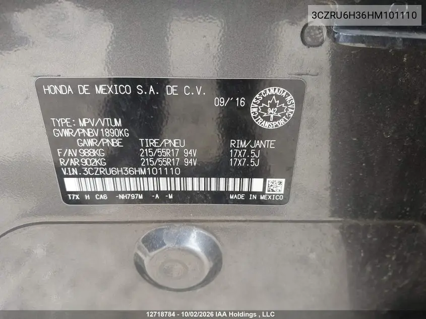 2017 HONDA HR-V VIN 3CZRU6H36HM101110 — фото 19