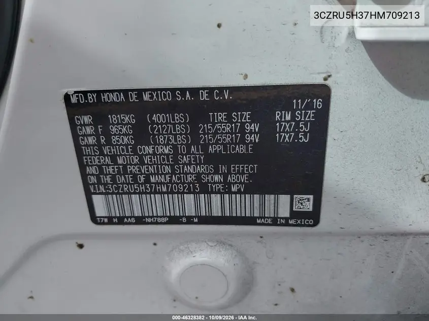 2017 HONDA HR-V VIN 3CZRU5H37HM709213 — фото 9