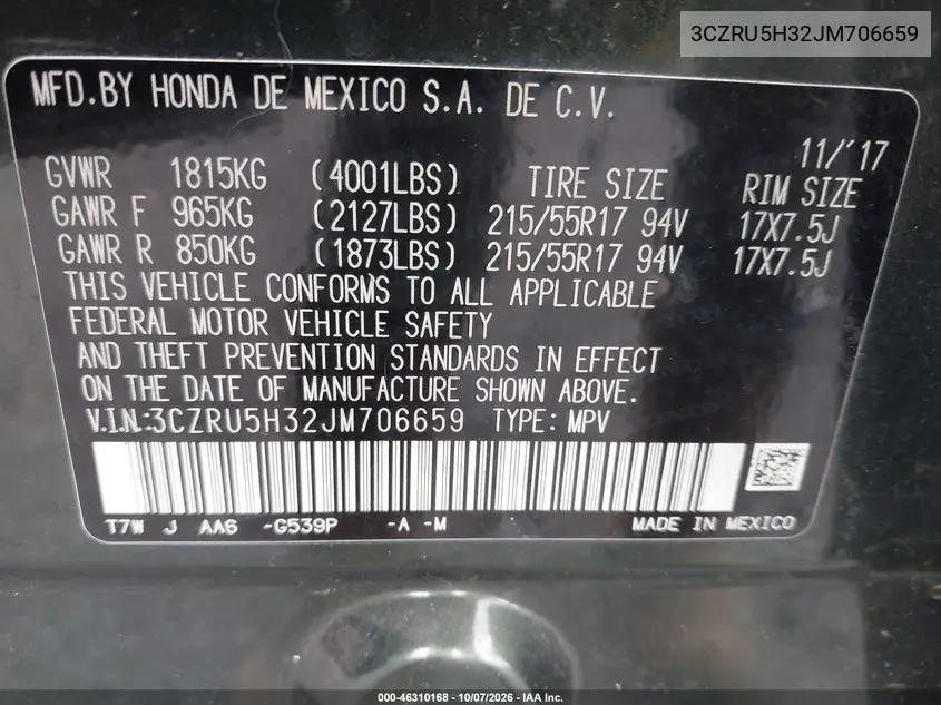 2018 HONDA HR-V VIN 3CZRU5H32JM706659 — фото 9