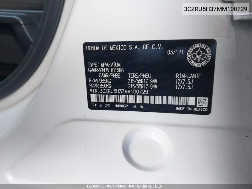 2021 HONDA HR-V VIN 3CZRU5H37MM100729 — фото 9
