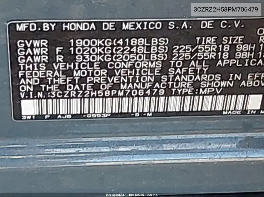2023 HONDA HR-V VIN 3CZRZ2H58PM706479 — фото 9