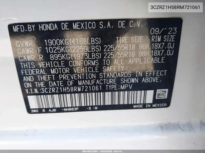 2024 HONDA HR-V VIN 3CZRZ1H58RM721061 — фото 9