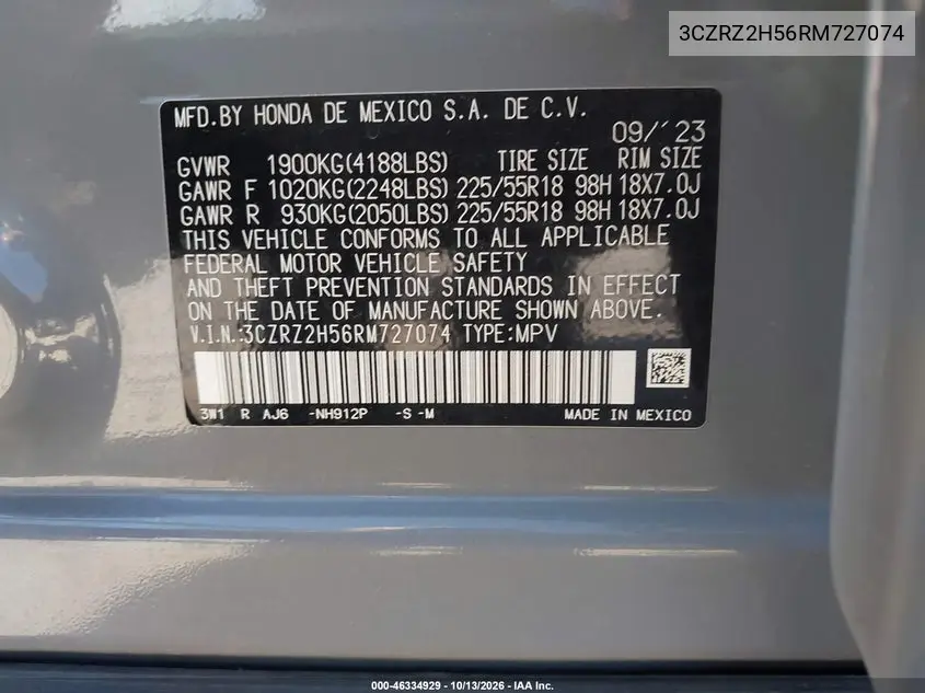 2024 HONDA HR-V VIN 3CZRZ2H56RM727074 — фото 9