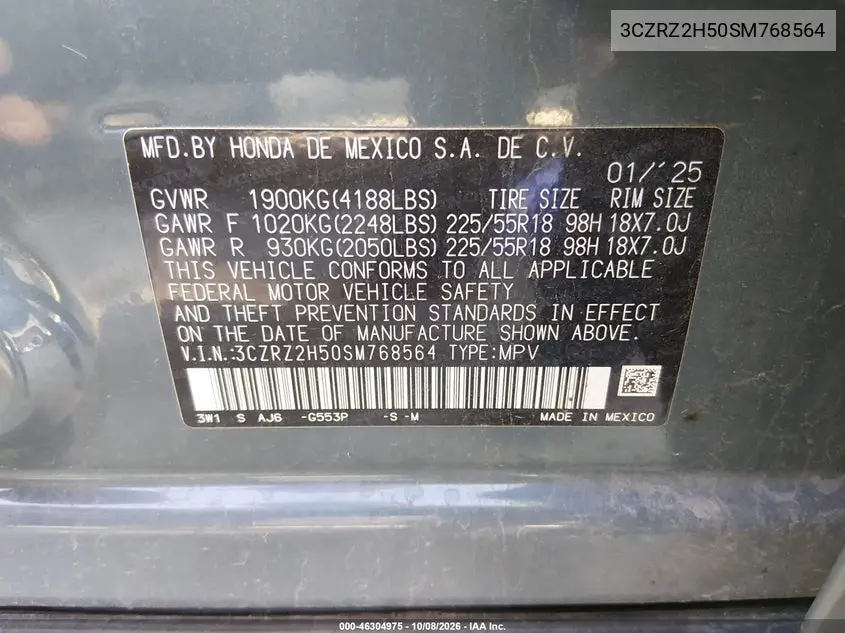 2025 HONDA HR-V VIN 3CZRZ2H50SM768564 — фото 9