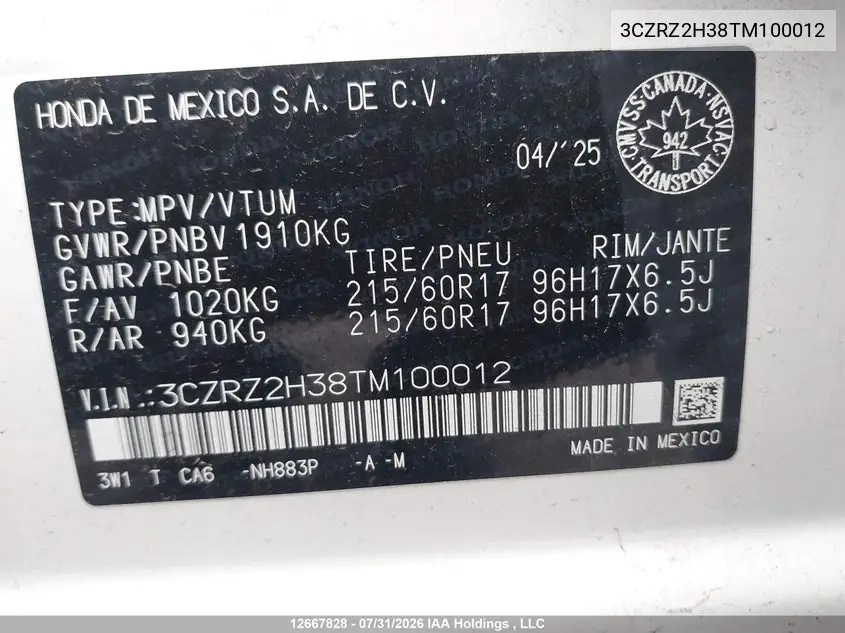 2026 HONDA HR-V VIN 3CZRZ2H38TM100012 — фото 9