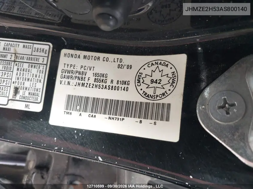 2010 HONDA INSIGHT VIN JHMZE2H53AS800140 — фото 9