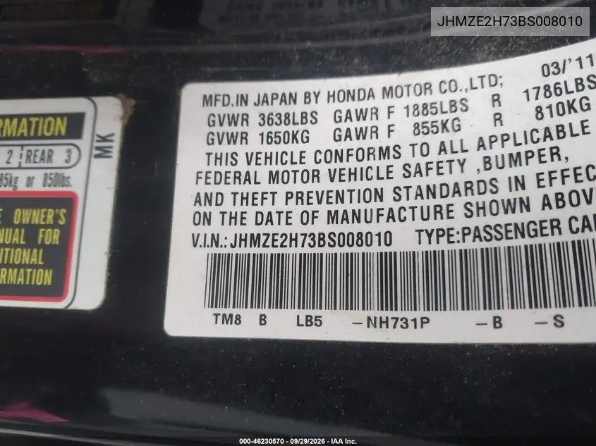 2011 HONDA INSIGHT VIN JHMZE2H73BS008010 — фото 9