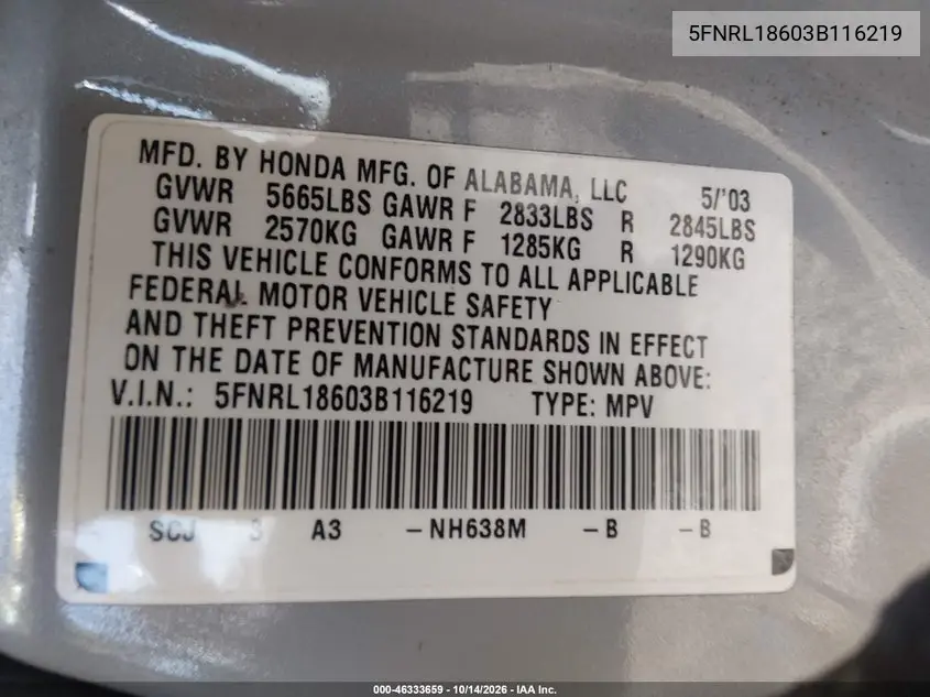 2003 HONDA ODYSSEY VIN 5FNRL18603B116219 — фото 9