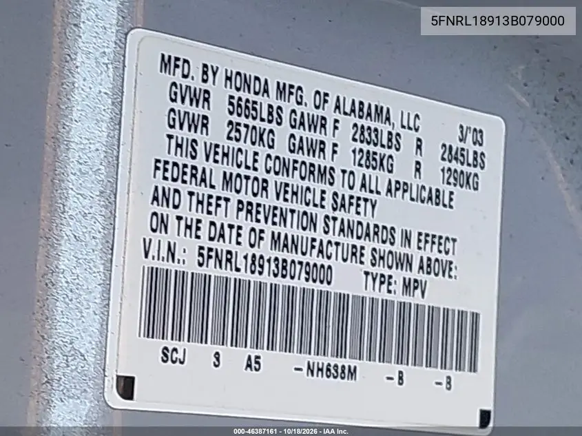 2003 HONDA ODYSSEY VIN 5FNRL18913B079000 — фото 9