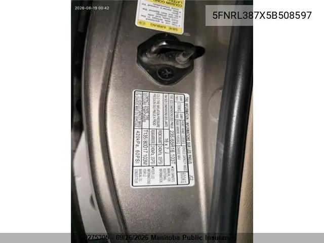 2005 HONDA ODYSSEY VIN 5FNRL387X5B508597 — фото 5