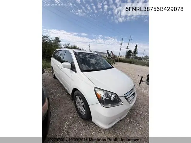 HONDA ODYSSEY 2006, VIN 5FNRL38756B429078