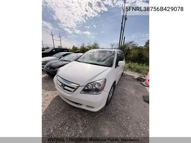 2006 HONDA ODYSSEY VIN 5FNRL38756B429078 — фото 2
