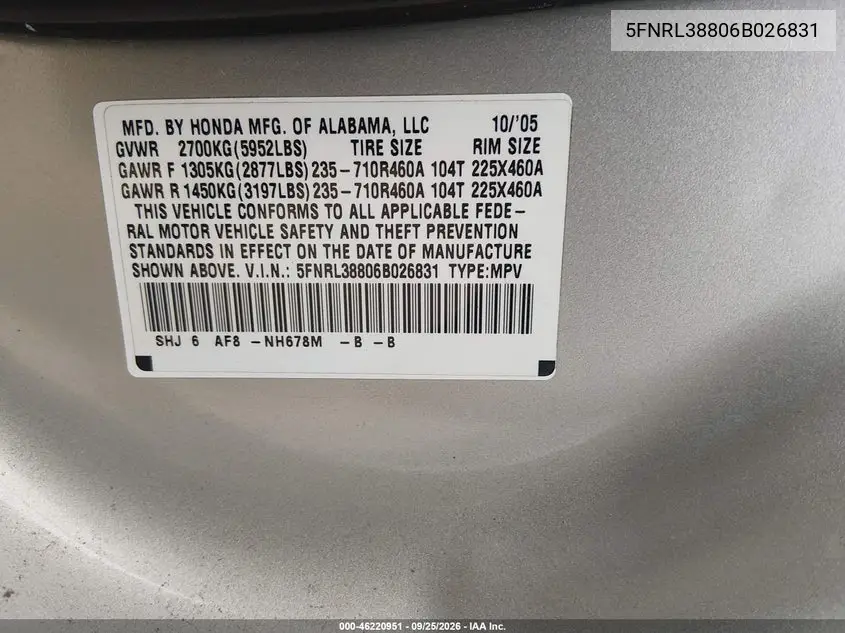 2006 HONDA ODYSSEY VIN 5FNRL38806B026831 — фото 9