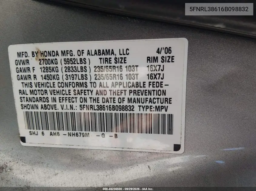 2006 HONDA ODYSSEY VIN 5FNRL38616B098832 — фото 9