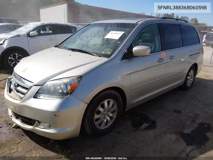 2006 HONDA ODYSSEY VIN 5FNRL38836B060598 — фото 2