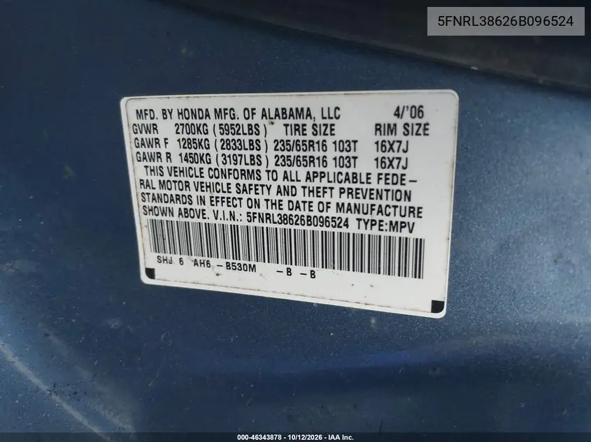 2006 HONDA ODYSSEY VIN 5FNRL38626B096524 — фото 9