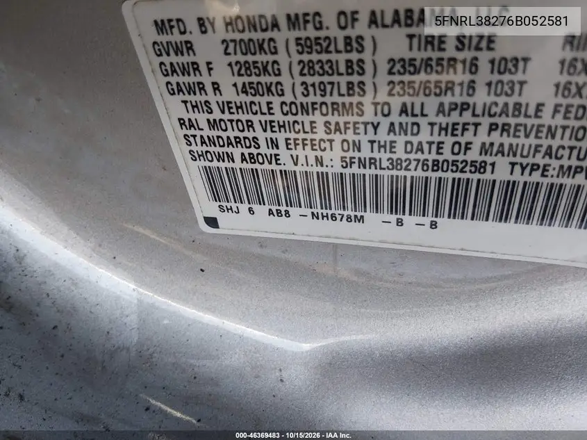 2006 HONDA ODYSSEY VIN 5FNRL38276B052581 — фото 9