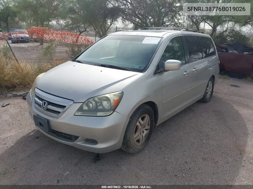 2006 HONDA ODYSSEY VIN 5FNRL38776B019026 — фото 2