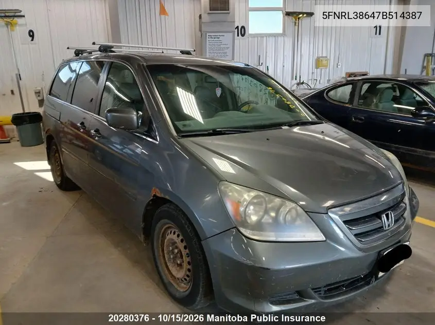 HONDA ODYSSEY 2007, VIN 5FNRL38647B514387