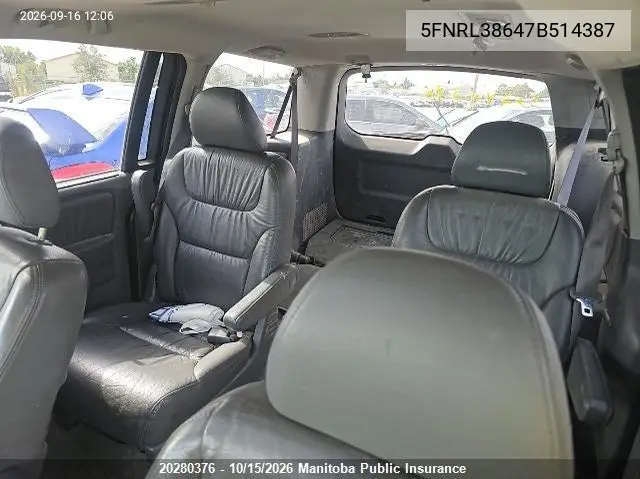 2007 HONDA ODYSSEY VIN 5FNRL38647B514387 — фото 2