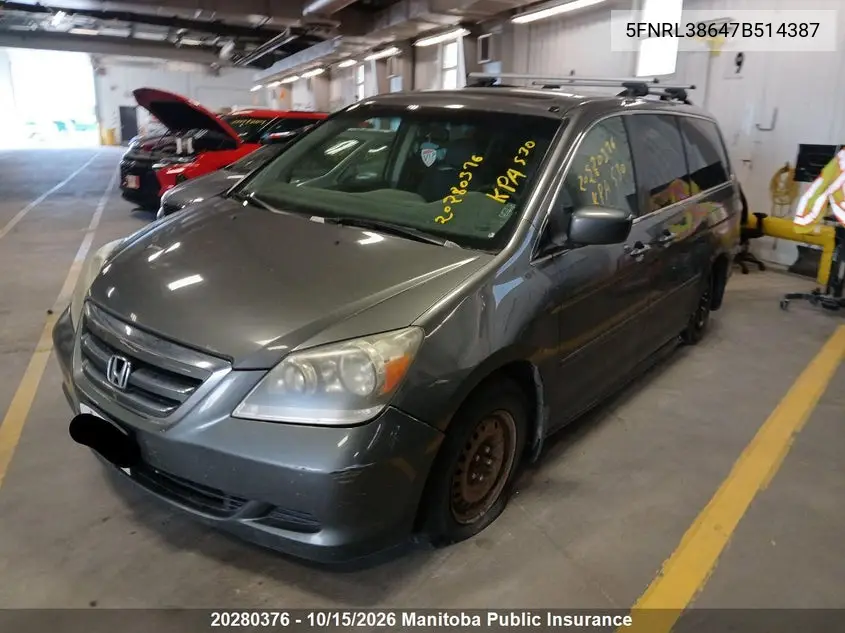 2007 HONDA ODYSSEY VIN 5FNRL38647B514387 — фото 3