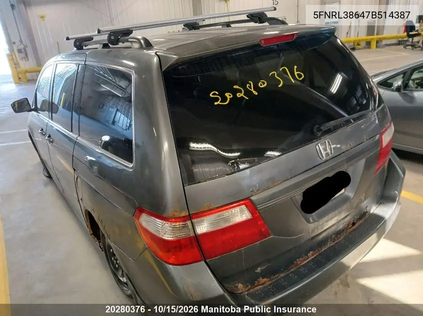 2007 HONDA ODYSSEY VIN 5FNRL38647B514387 — фото 4
