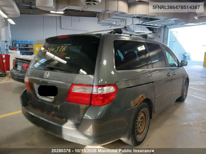 2007 HONDA ODYSSEY VIN 5FNRL38647B514387 — фото 5