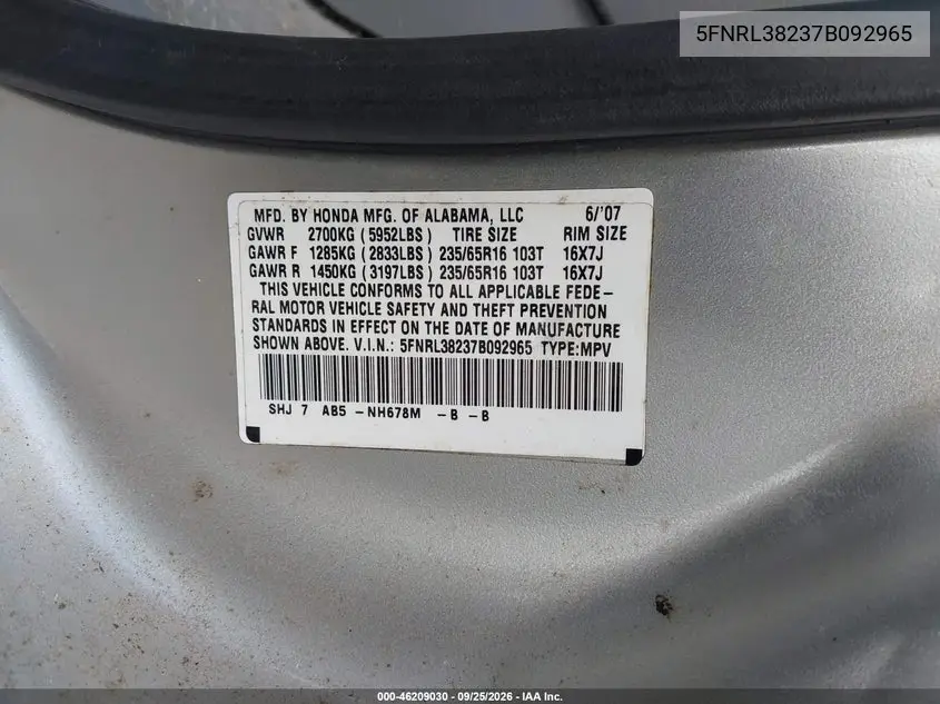2007 HONDA ODYSSEY VIN 5FNRL38237B092965 — фото 9