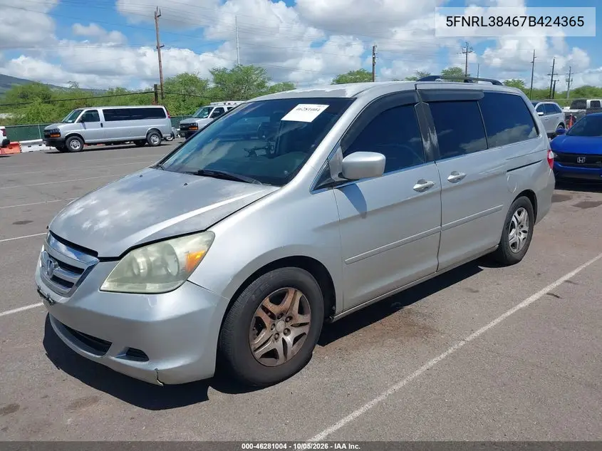 2007 HONDA ODYSSEY VIN 5FNRL38467B424365 — фото 2